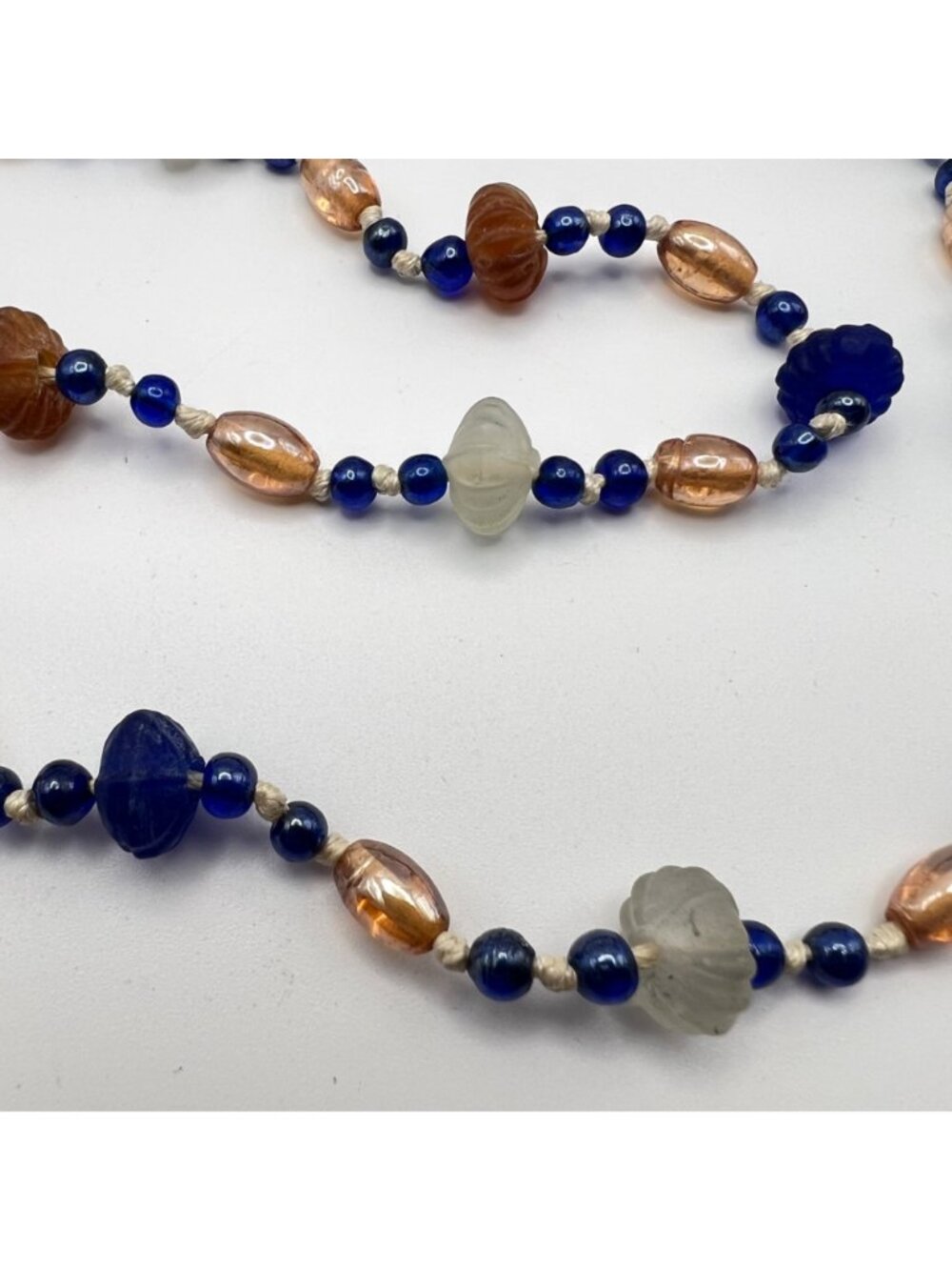 Vintage Hand Knotted Glass Bead Necklace 36" Cobalt Blue Amber Frosted White - Picture 4 of 8
